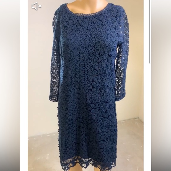 Massimo Dutti Crochet Lace Navy Blue Overlay 3/4 Sleeves Dress size M - Picture 4 of 17